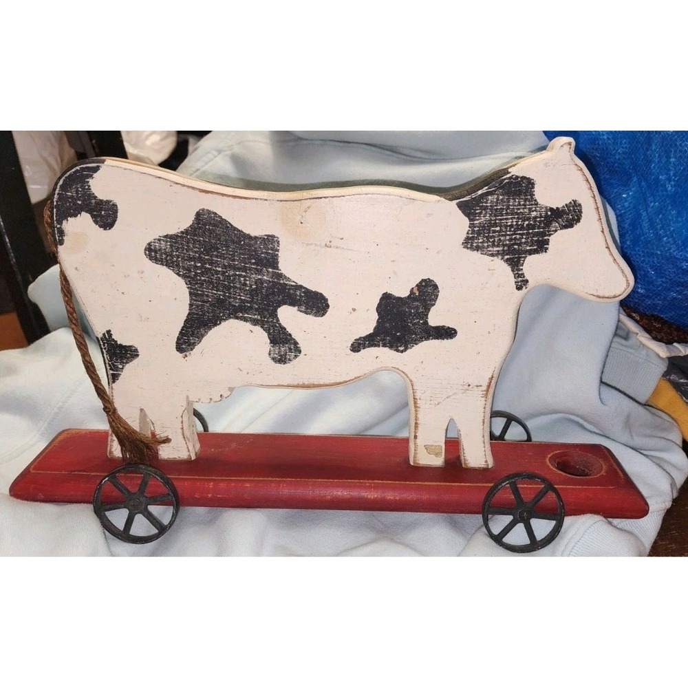VTG Wood Primitive Folk Art Cow Wheels Pull Toy Farmhouse Large Cottagecore